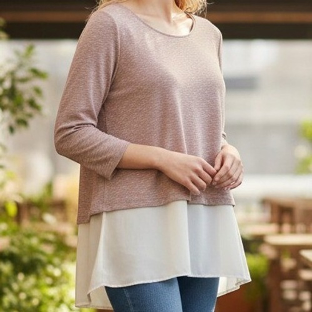LOFT Mixed Media Top Medium Rose Space Dye Knit Split Back Chiffon Layered Hem